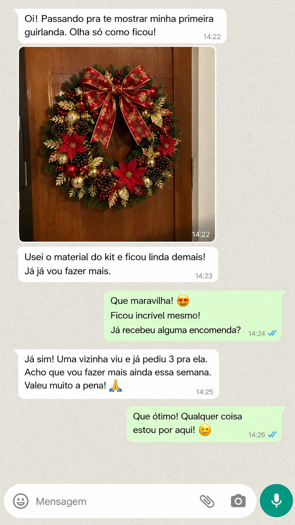Conversa com foto da primeira guirlanda feita