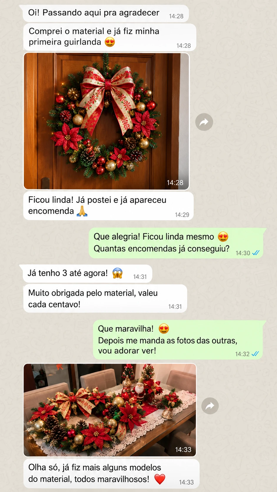 Conversa sobre a primeira guirlanda feita e três encomendas