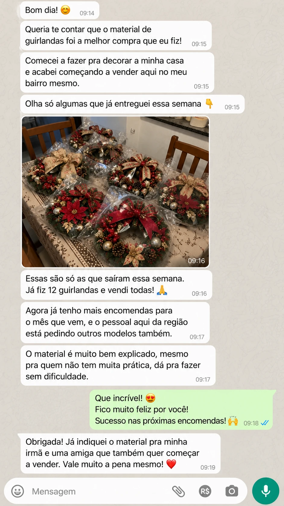 Conversa sobre guirlandas produzidas e vendidas